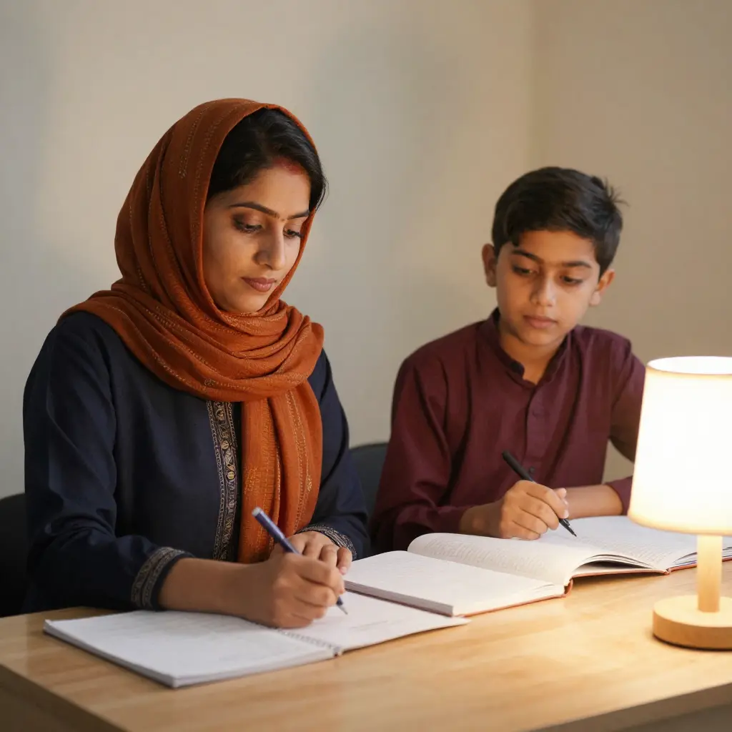 female English tutor teaching a student in his home