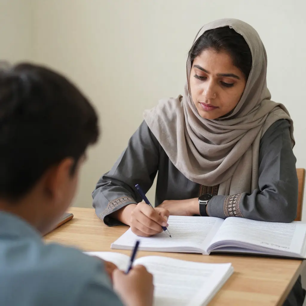 female home maths tutor teaching Aljebra to student